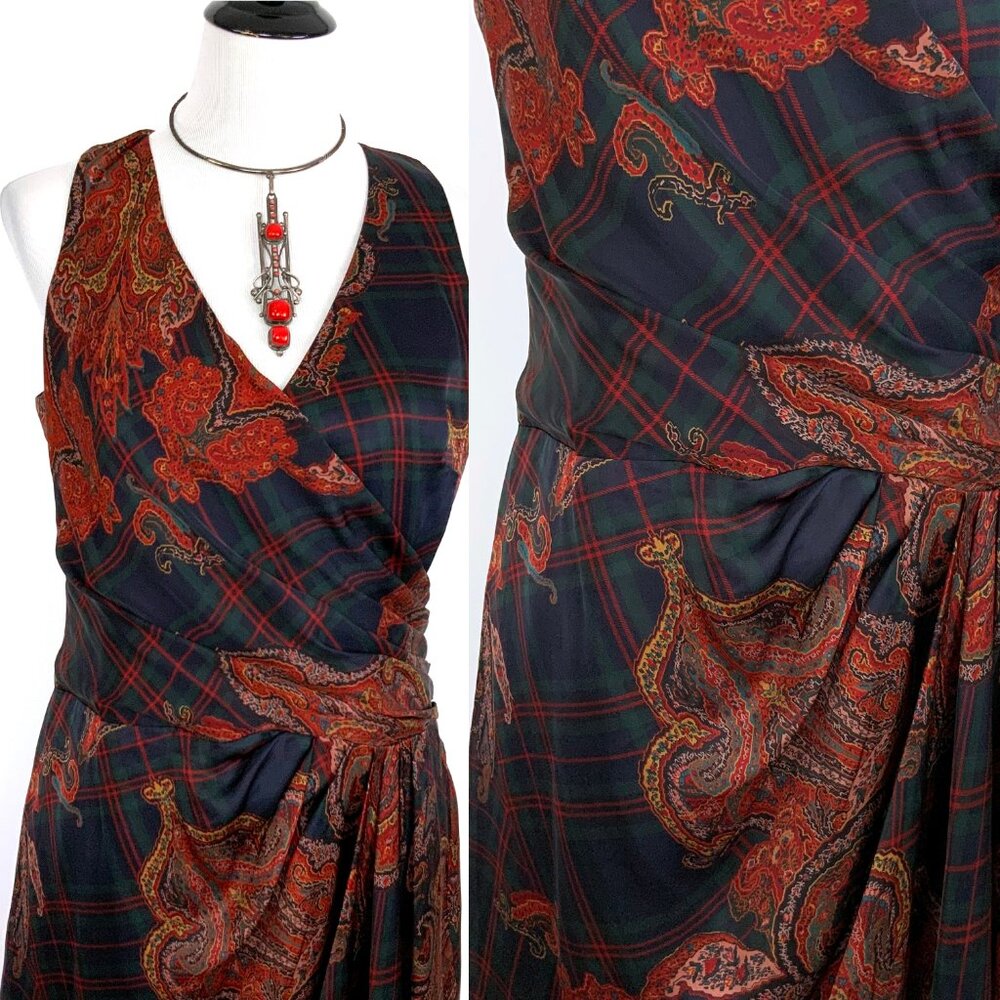 LAUREN Ralph Lauren  Silk Paisley and Plaid Faux Wrap Dress Size 10 - Picture 3 of 16